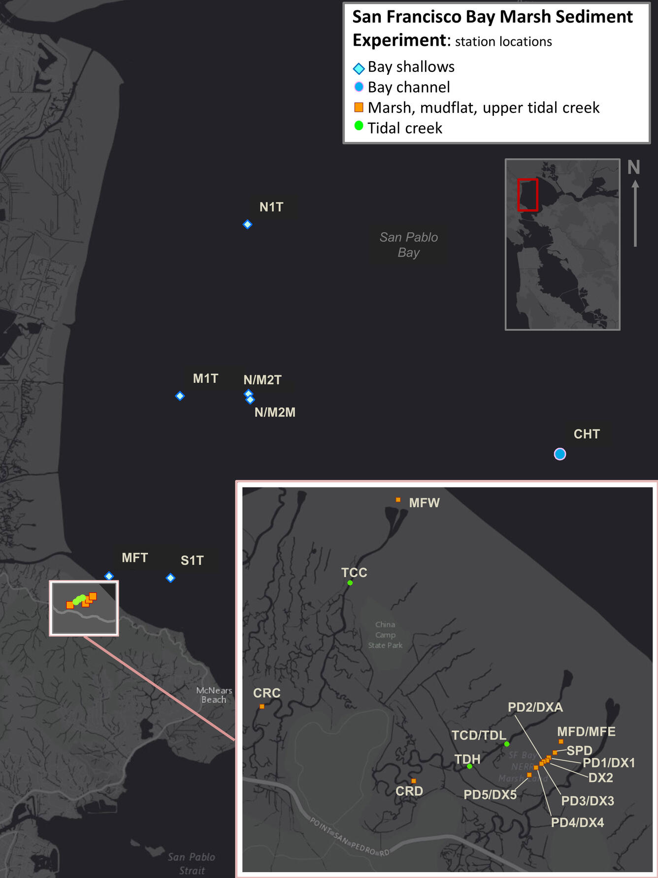 Map shows outline of land, dots in the marsh area and in water where samples were collected and instruments were placed.