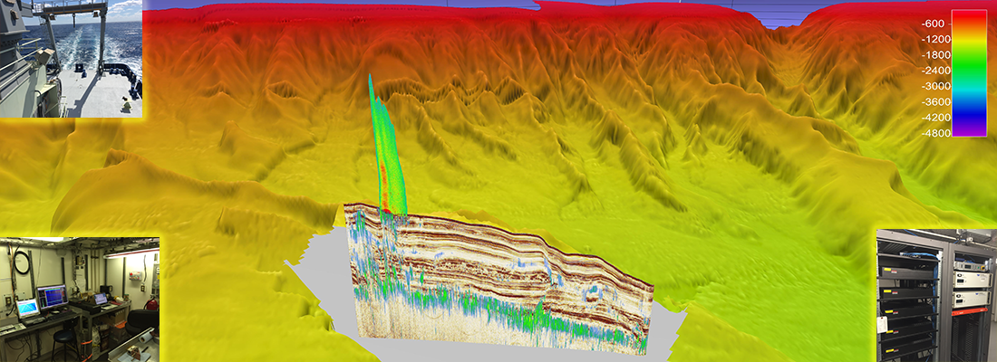 Image showing seafloor topography, water column image of methane plume, and seismic data.