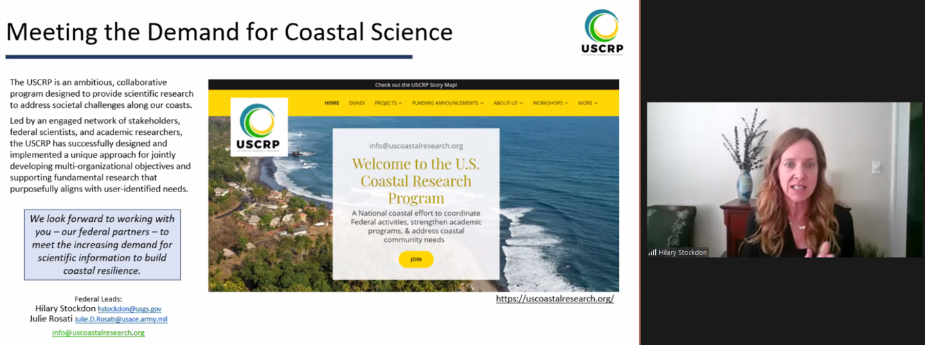 screenshot of zoom meeting. Hilary Stockdon speaks about meeting the demand for coastal science.