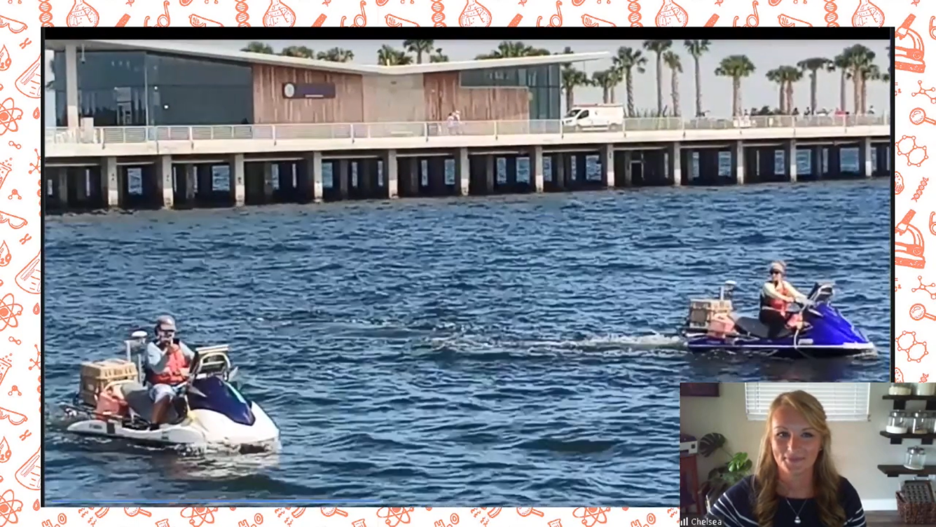 Screenshot of a video with two scientists on jetskis near a pier, with a headshot of a woman presenting overlaid on top of the i