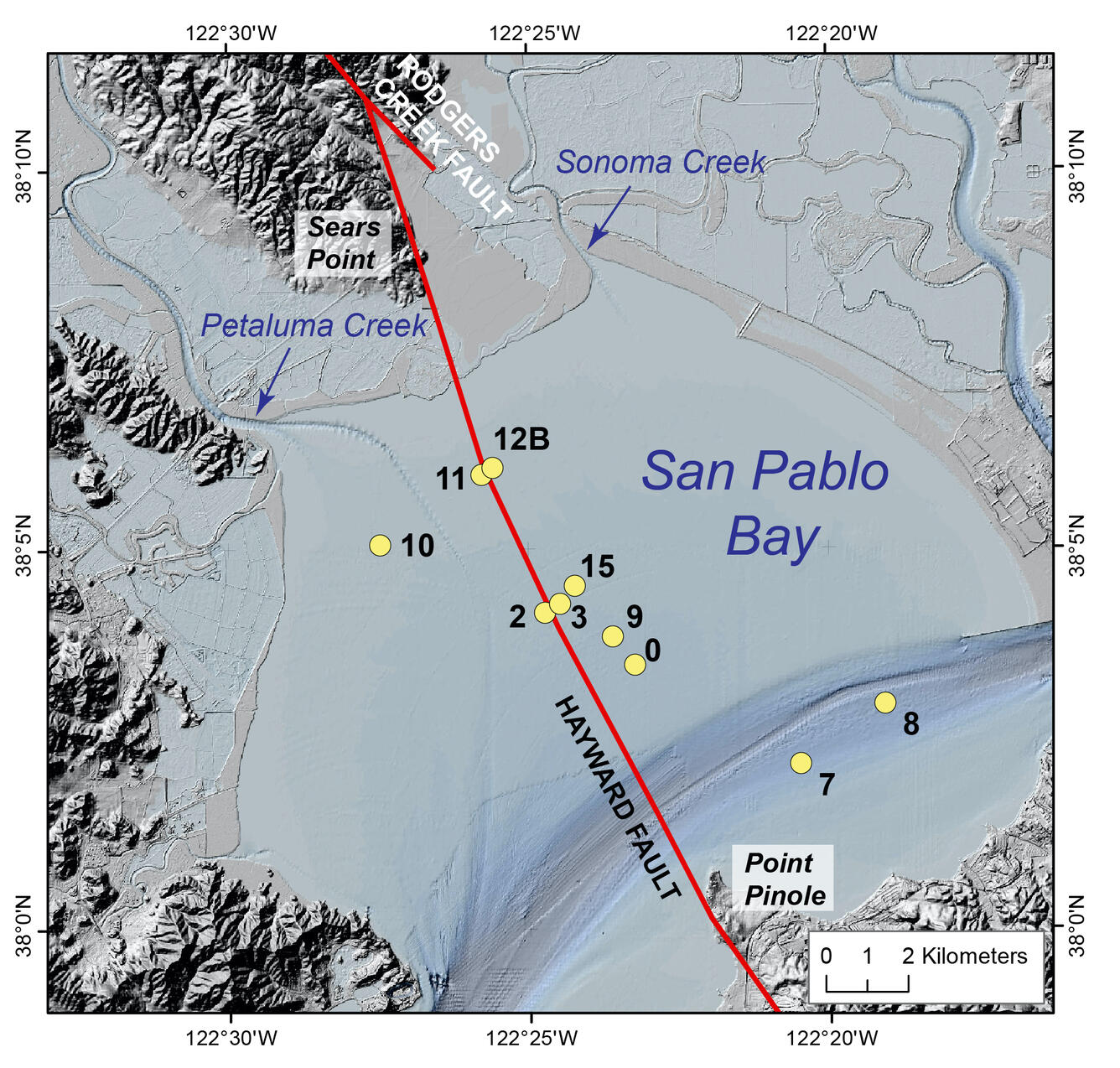 Illustrative map of a bay with creeks, tectonic fault, and sample locations are labeled.