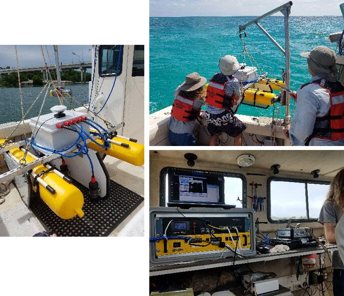 Equipment with floatation is shown on the deck of a boat and on a cable, and the computer monitors show the video it collects.