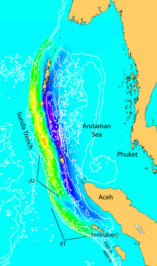 Map of ocean and some islands with various shades of color to show varying vertical seafloor characteristics.