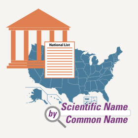 Icons: Gov't building w/ page in front reads National List, U.S. map, magnifying glass for Scientific or Common Name search 