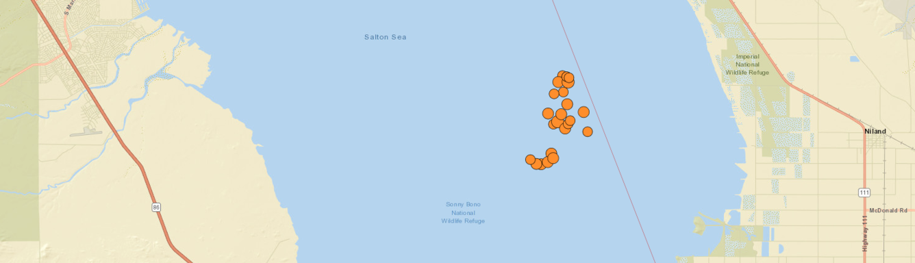 map slice of Salton Sea showing earthquakes in swarm as circles