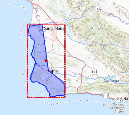 Map of a coastline with an outline drawn around a portion of the coast land to show where the study area is.