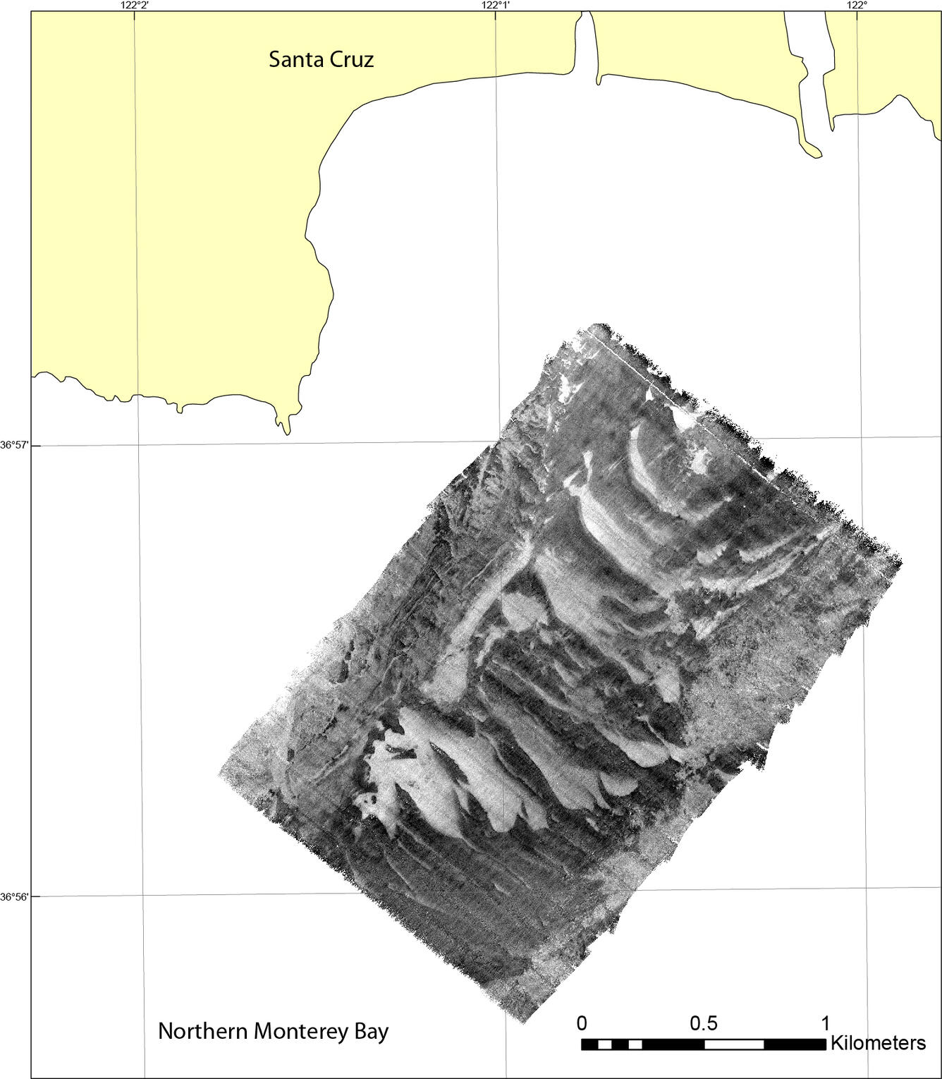 A map shows features of the bottom of the ocean off the coast.