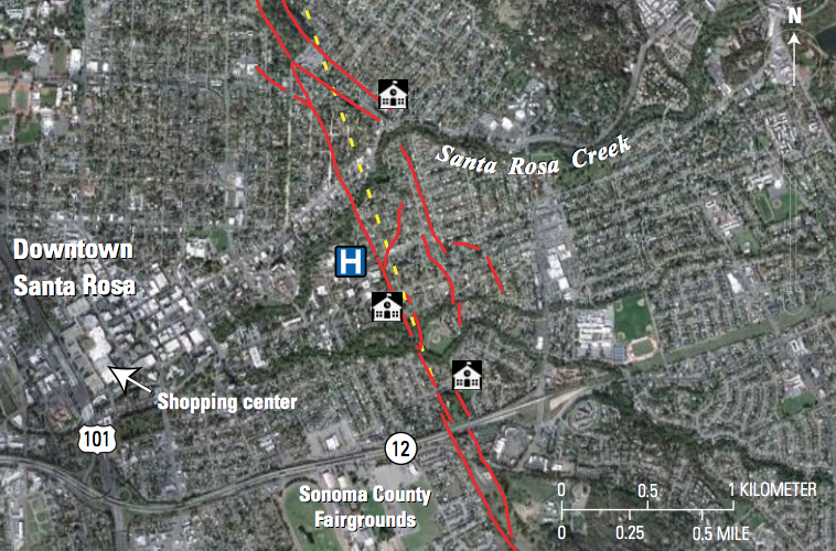 red fault trace on top of satellite image