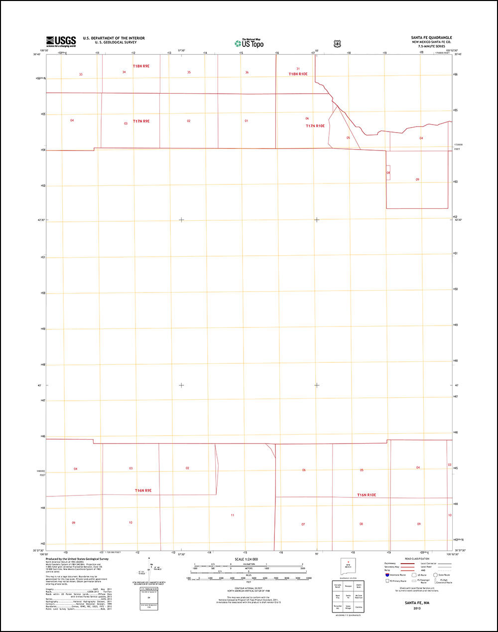 Santa Fe, New Mexico 2013 US Topo map showing PLSS data