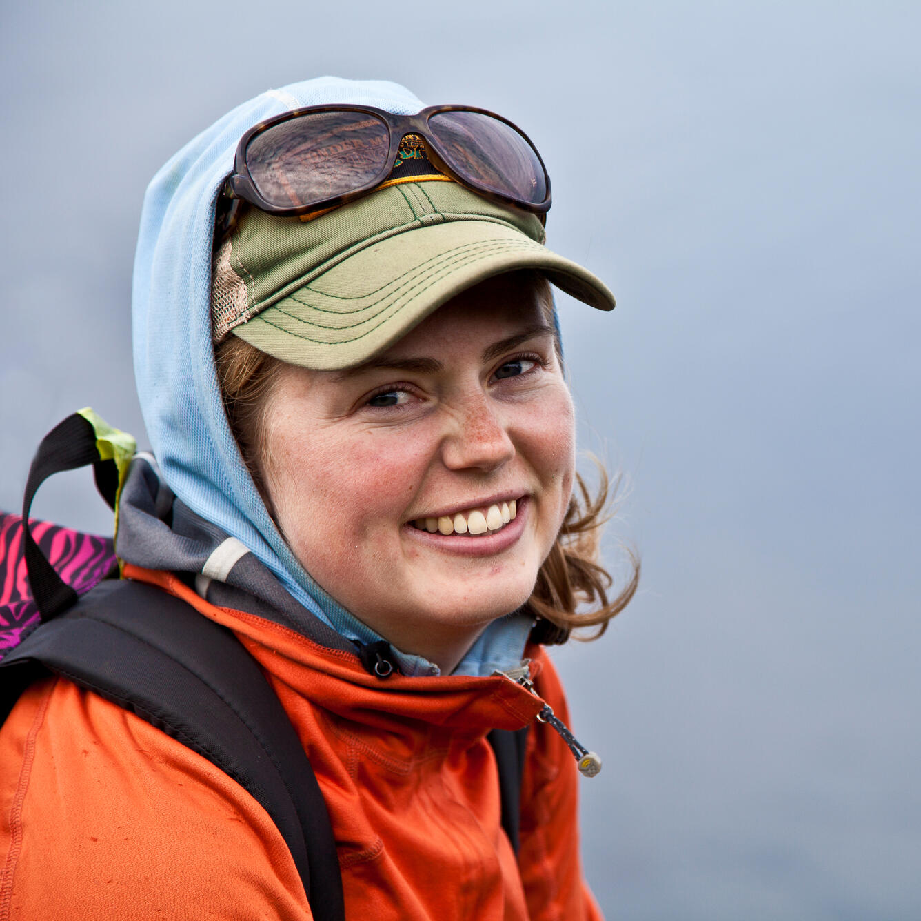 Sarah Schoen with many layers of clothing on