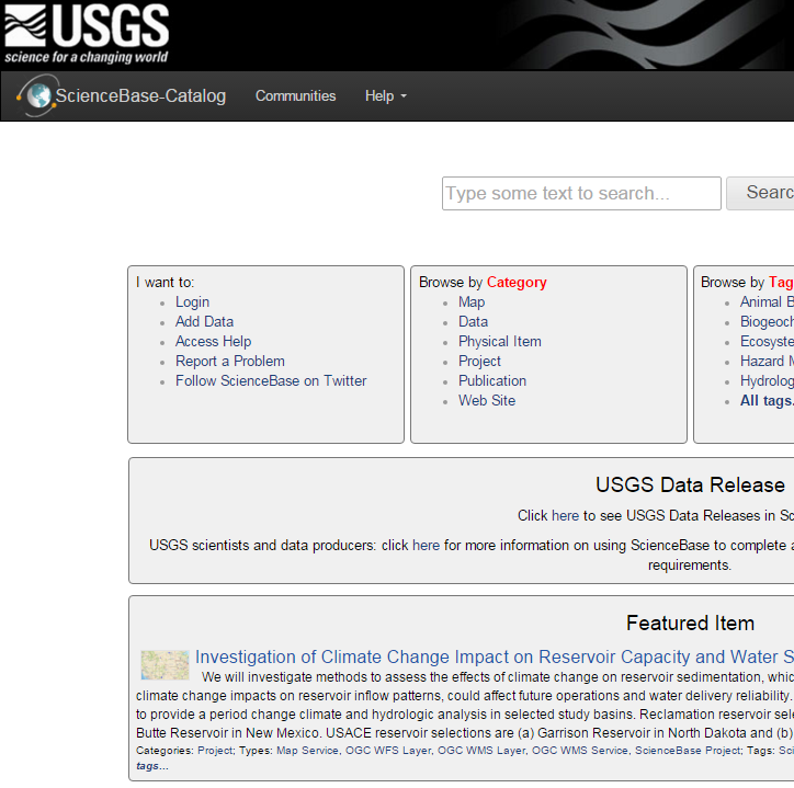 ScienceBase catalog home screen shot.