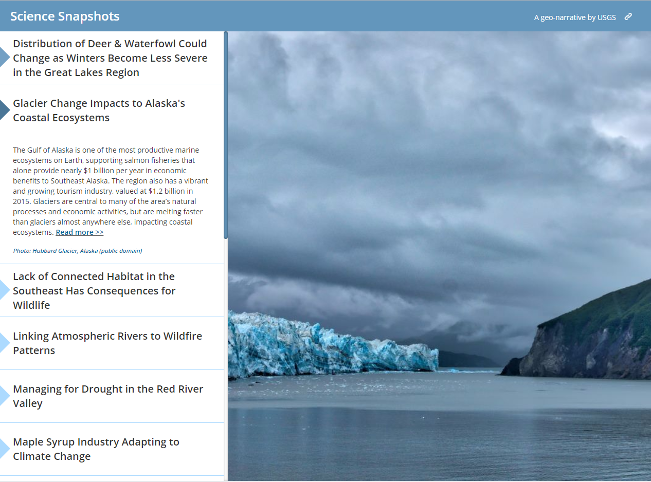 Image of the storymap, with the list of stories on the lefthand side and a photo of a glacier on the righthand side