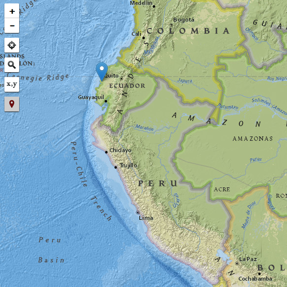 Screenshot of world map with pin dropped on coastal Equador