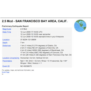 Screenshot of earthquake notification webpage