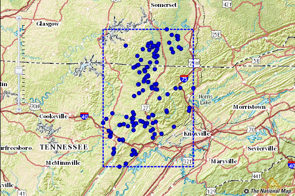 Screen shot of data points overlayed on a U.S. map zoomed in to the Tennessee and Kentucky border