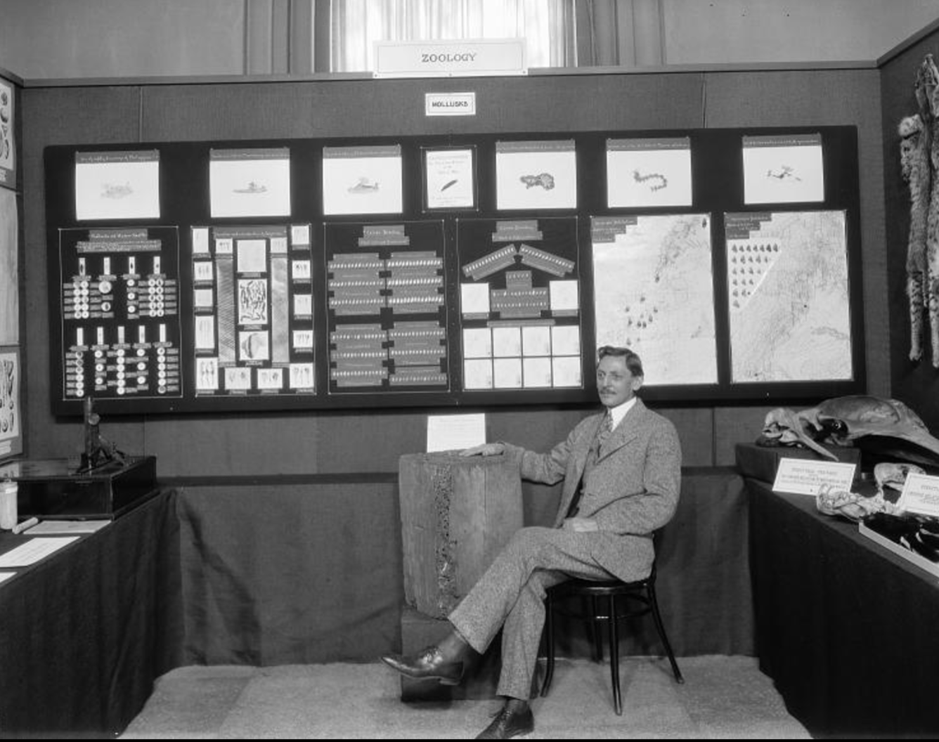 black and white photo of man sitting in front of exhibit