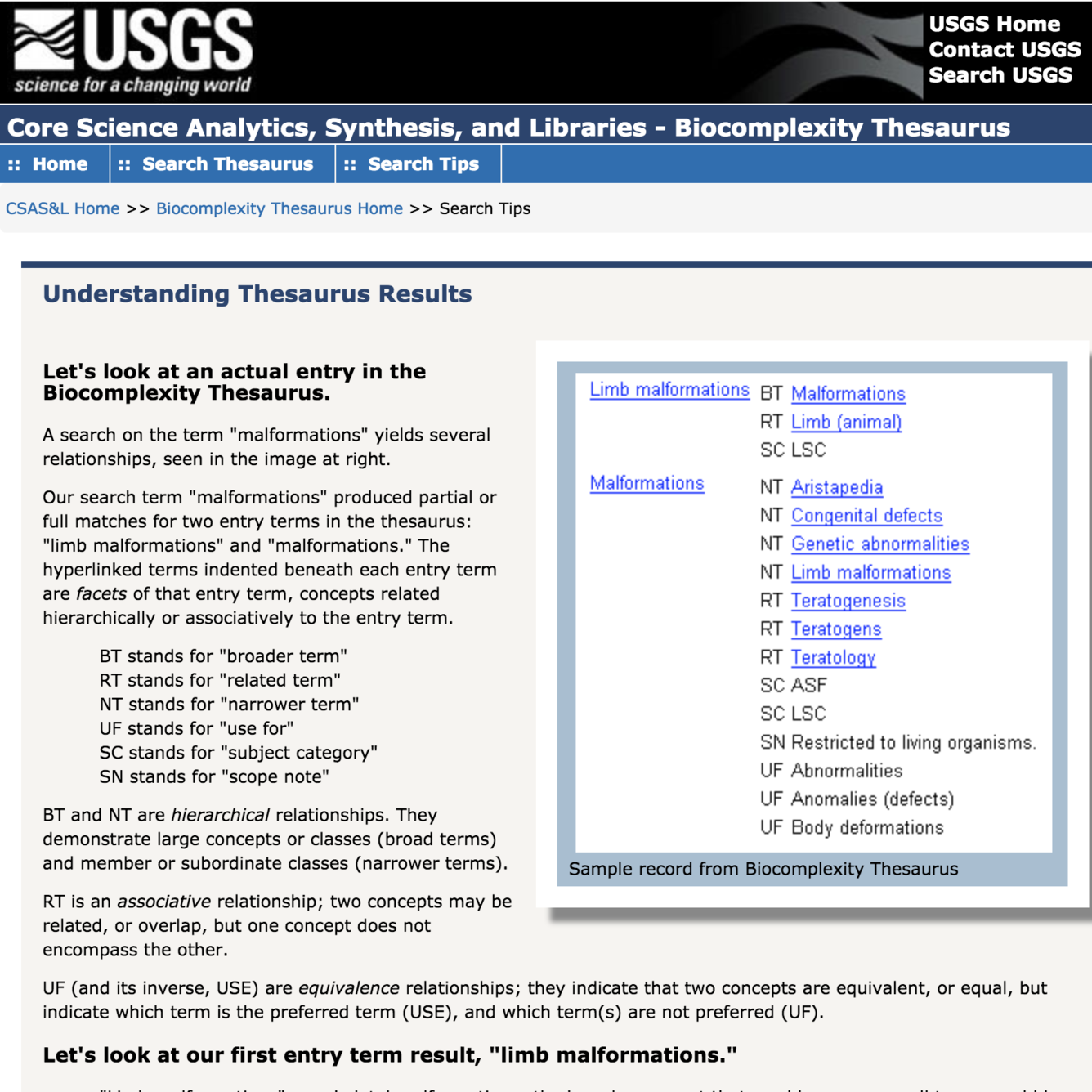 Screenshot of Biocomplexity Thesaurus search tips