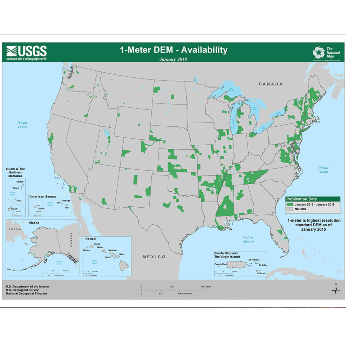 Screenshot of United State map showing areas with 1 meter DEM available