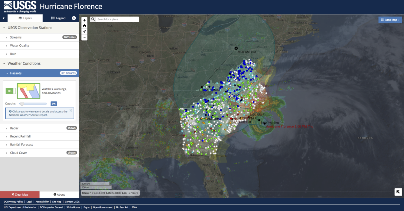 A screenshot of the Hurricane Florence streamgage dashboard, which shows real-time information on USGS streamgages.