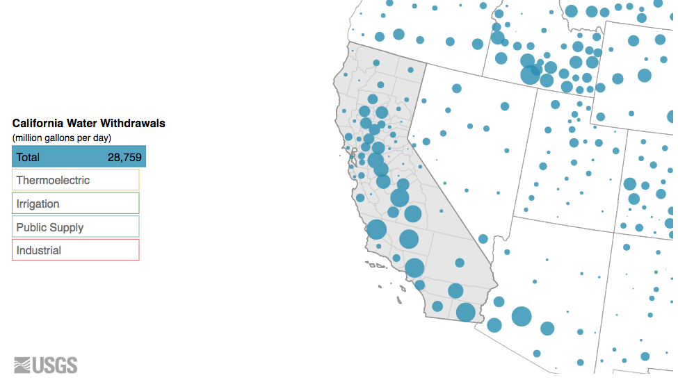 Map of California with blue dots representing water use