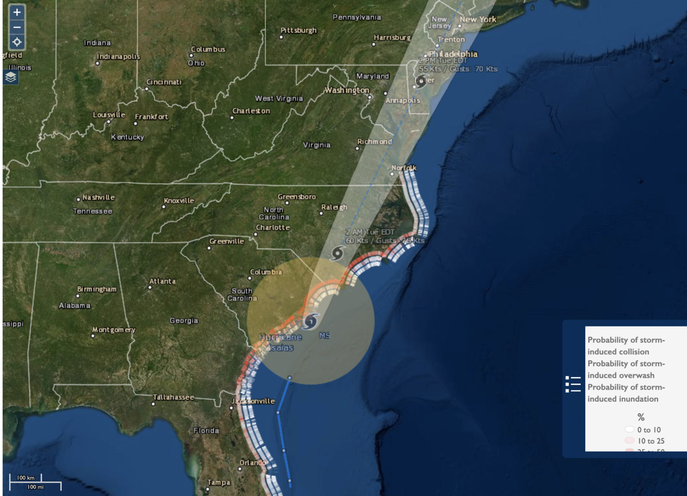 map showing potential coastal change impacts during a direct landfall of Hurricane Isaias