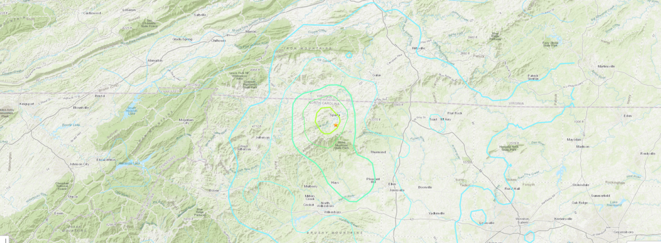 An image of a map of North Carolina that shows where a 5.1 magnitude earthquake struck August 9, 2020.