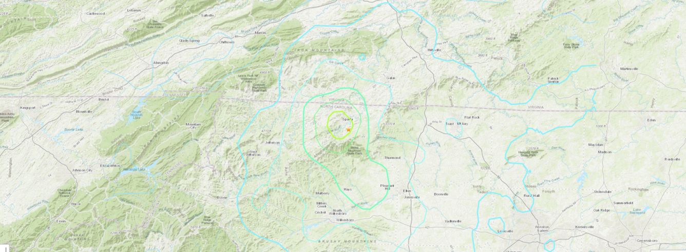 An image of a map of North Carolina that shows where a 5.1 magnitude earthquake struck August 9, 2020. 