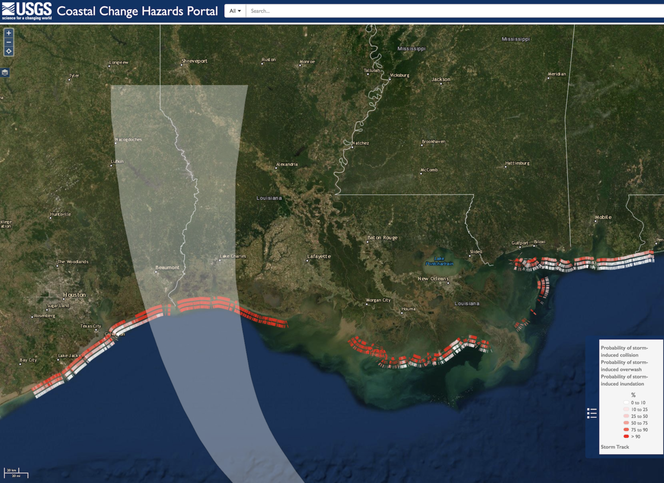 map showing cone path over souther U.S.