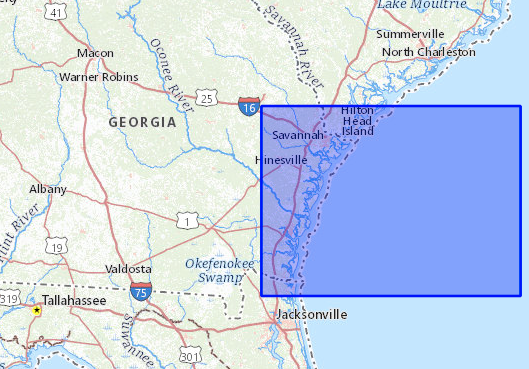 Map shows location where data was collected from the ocean offshore of a coast.