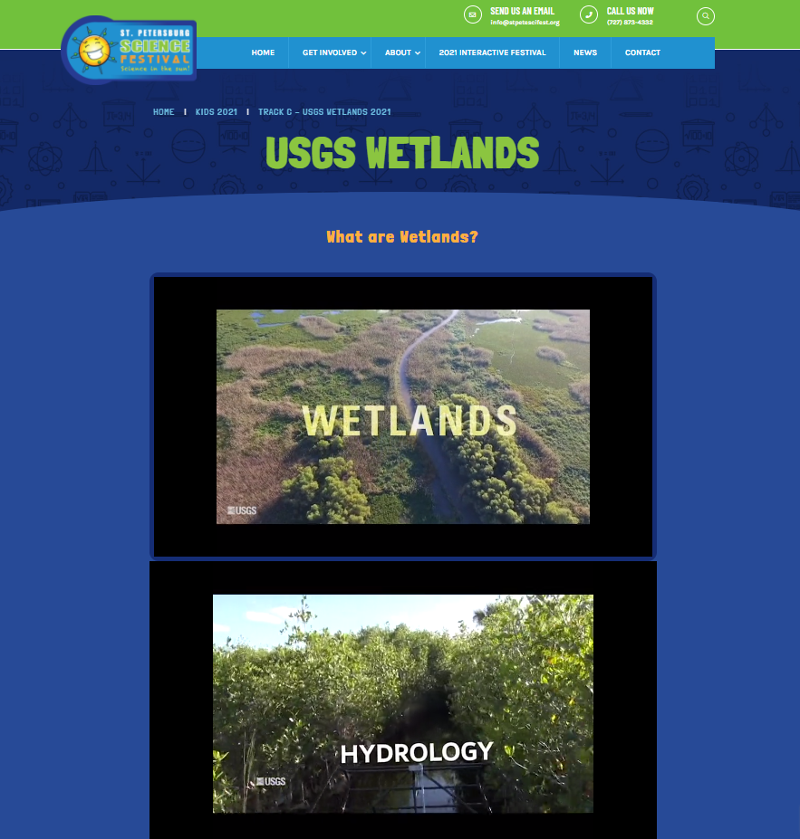 Screenshot of St. Pete Science Festival website showing two videos from the USGS Wetland and Aquatic Research Center