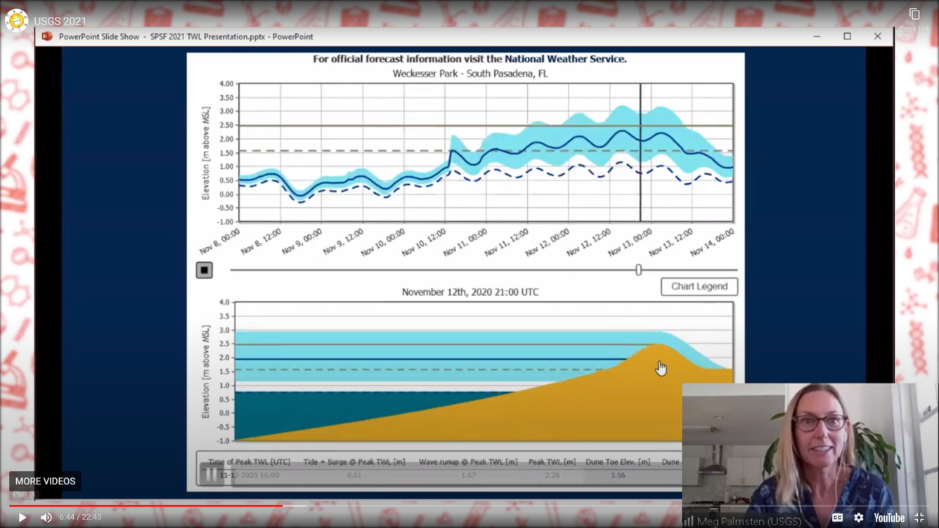 A scientist in a small box on screen with a large box showing a plot and schematic of water level