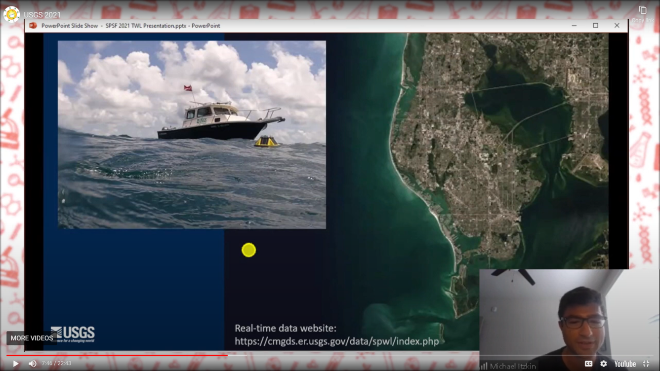 A scientist in a small box on screen with larger boxes showing a research boat and buoy in the ocean, and a map of FL