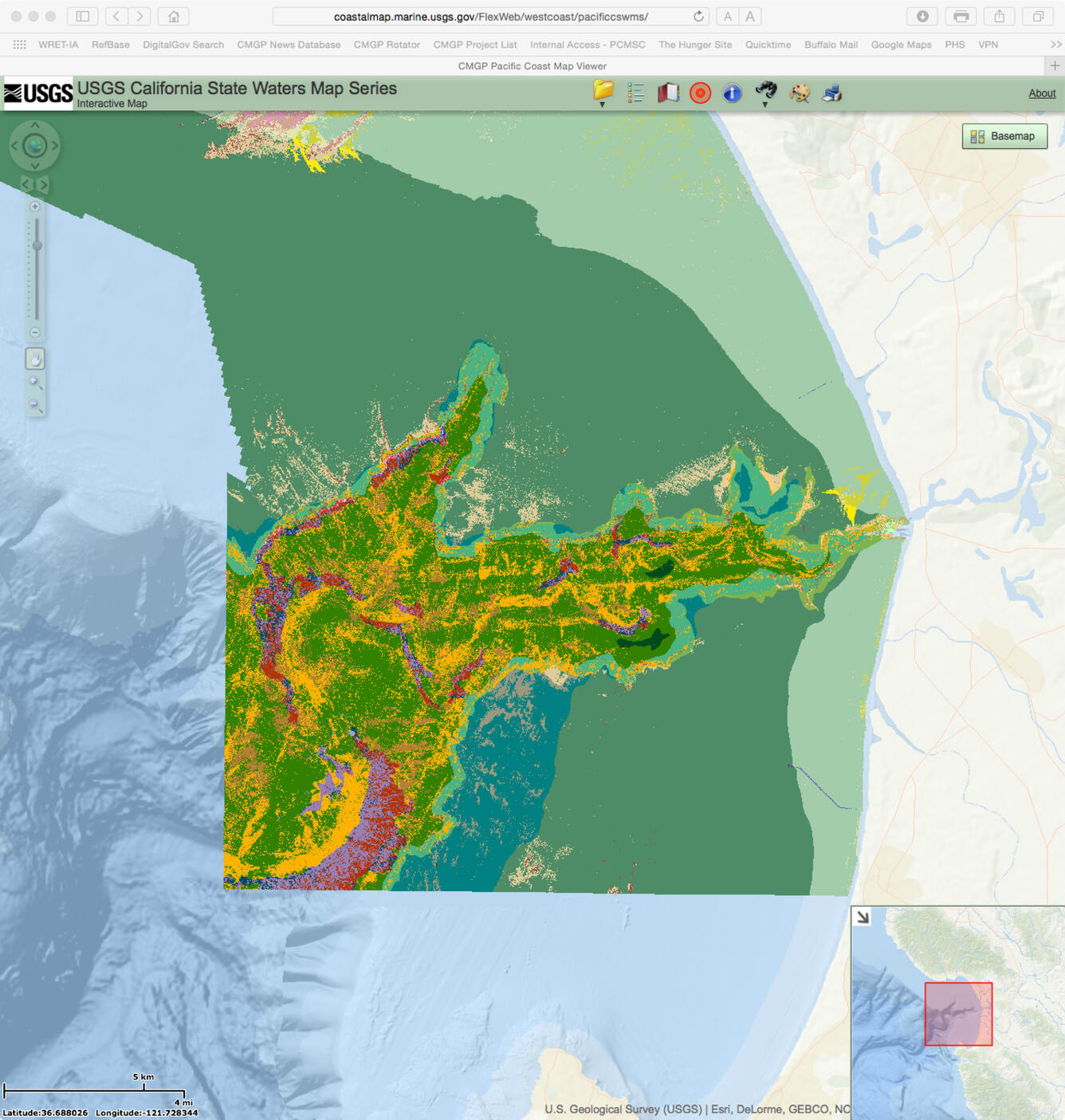 Map shows color-coded seafloor character offshore of Monterey, California