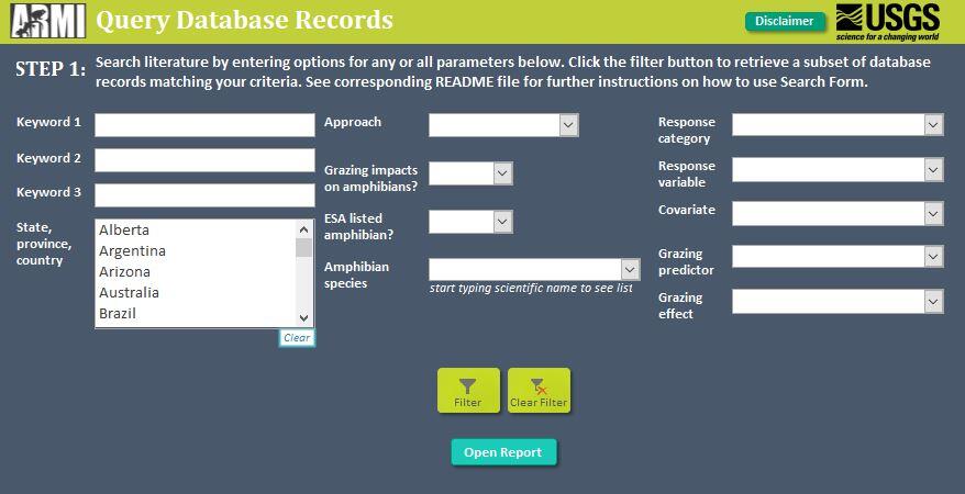 Screen shot of search tool: grazing effects on amphibians & habitats