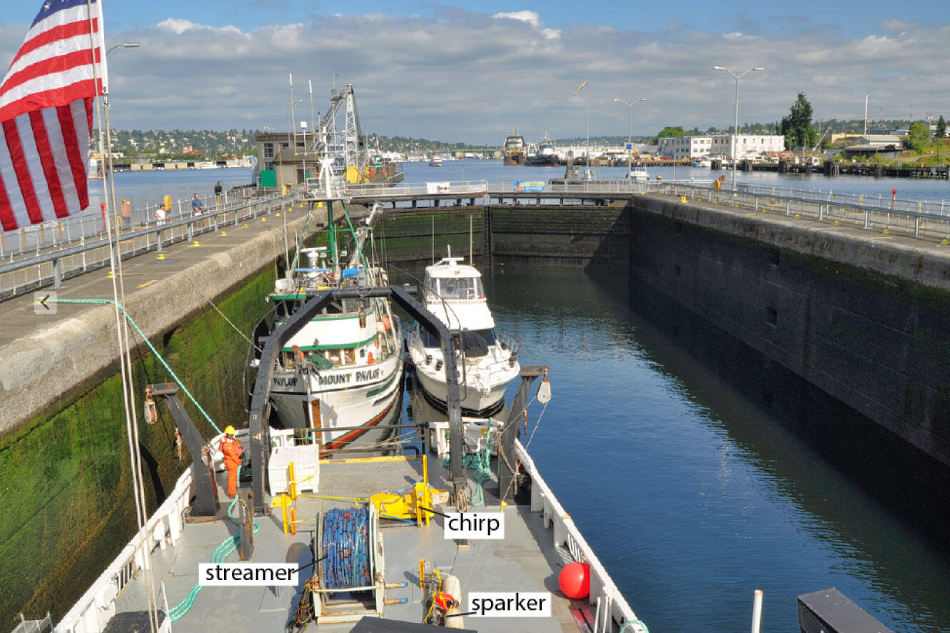 A ship and some smaller boats pass together through a lock system in an ocean bay.