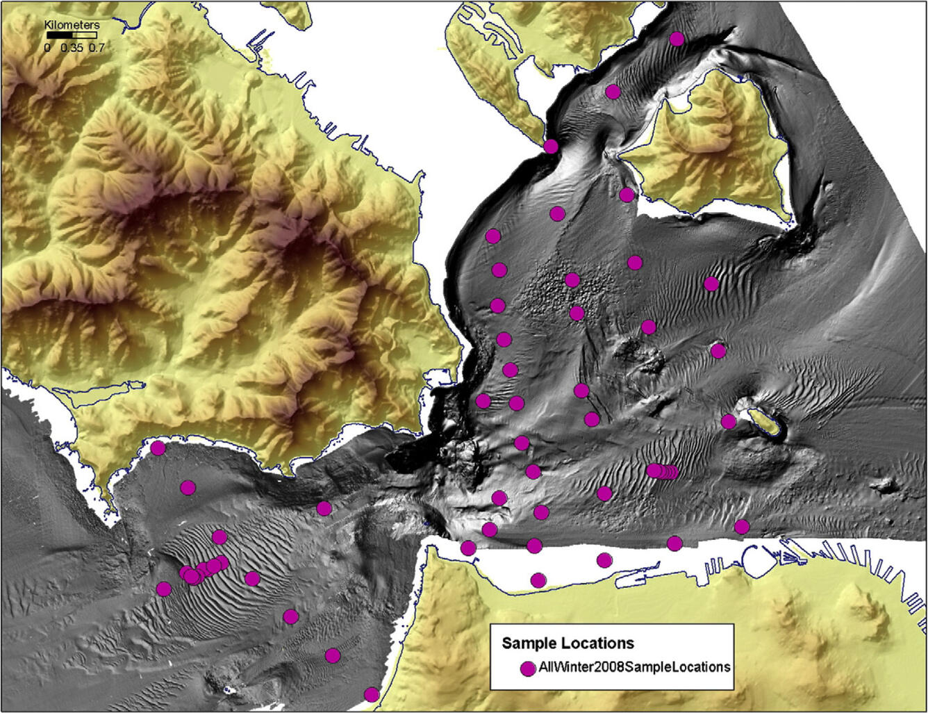 Illustration showing the contours of the bay floor underwater and the relief of surrounding hills, and dots.