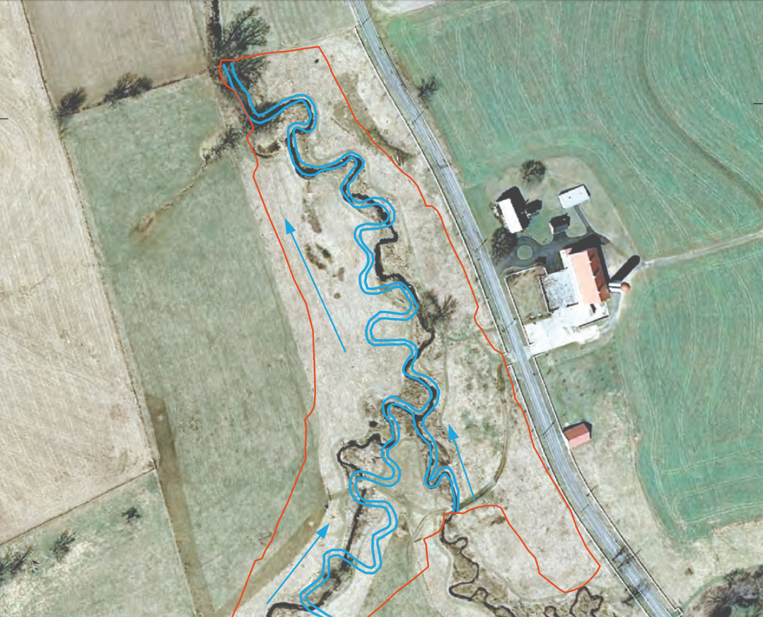 Annotated aerial photograph showing pre- and post-restoration Big Spring Run channel, Lancaster County, Pennsylvania