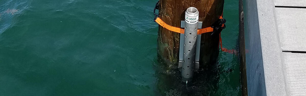 USGS Storm-Tide Sensor strapped to a pier. 