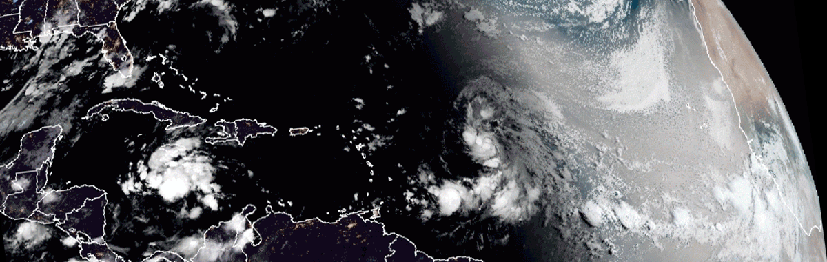 A gif image showing three storms in the Caribbean and Atlantic, Marco, Laura and a Tropical Depression off the coast of Africa. 