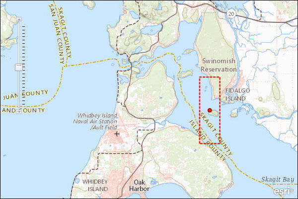 Map of part of Washington State showing islands and the location where data was collected.