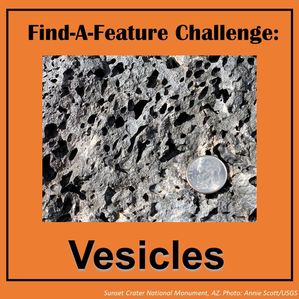 This image shows a dark gray to black rock (basalt) filled with small, round, slightly oblong holes. Dime for scale.