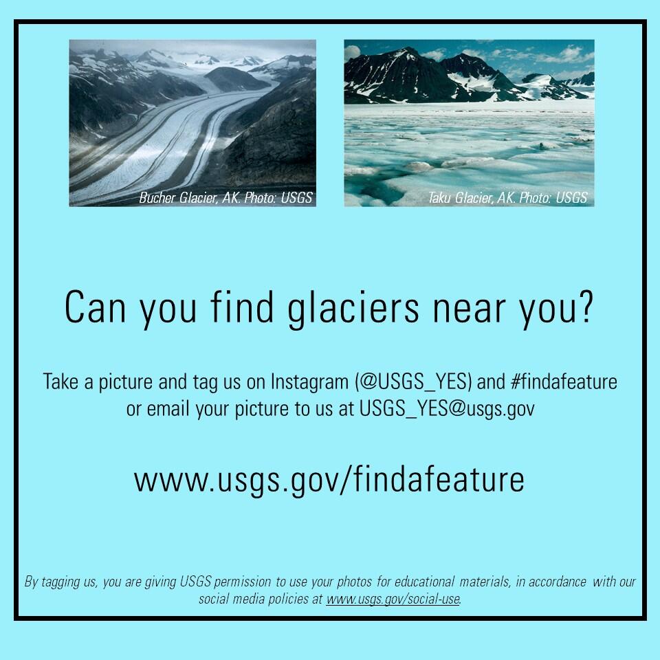 This image shows to photos of glaciers and text for the Find-A-Feature challenge.