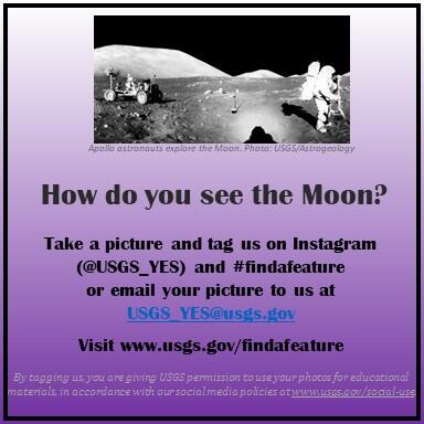 This image shows a photo of an astronaut on the Moon and text about the Find-A-Feature Challenge.