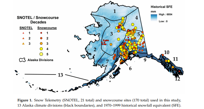 Snow Telemetry and snowcourse sites used in this study, 13 Alaska climate divisions