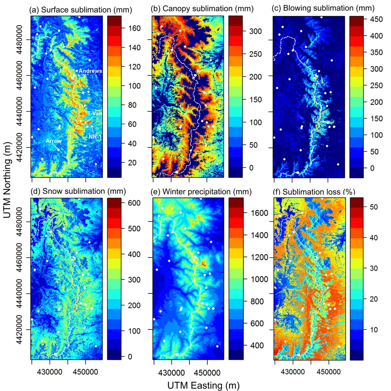 Screenshot plots of 5-year mean SnowModel simulation output