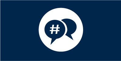 Blue box with a white circle; inside white circle are two blue message bubble icons, one of which has a white hashtag symbol