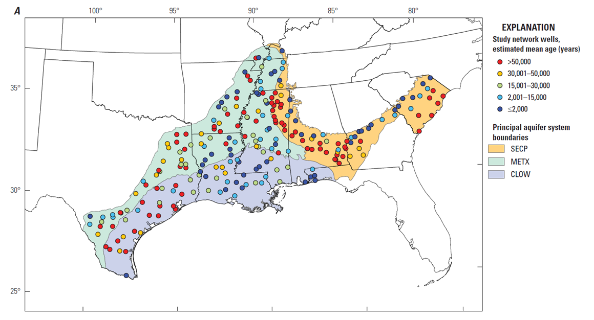 Map of southeastern United States presenting estimated mean groundwater ages in the study area