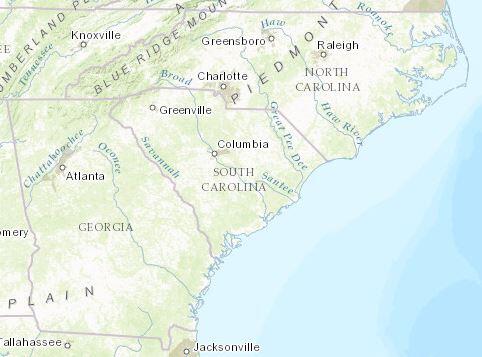 Map of the South Atlantic states, Georgia, North Carolina and South Carolina.