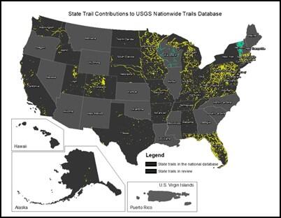 A national map displays distribution of USGS trails data received from state sources