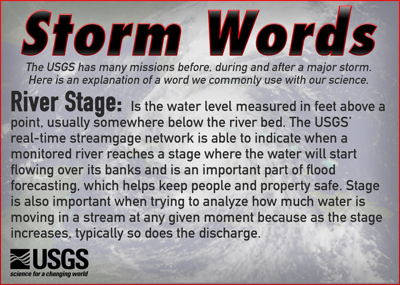 River Stage: Is the water level measured in feet above a point, usually somewhere below the river bed. 